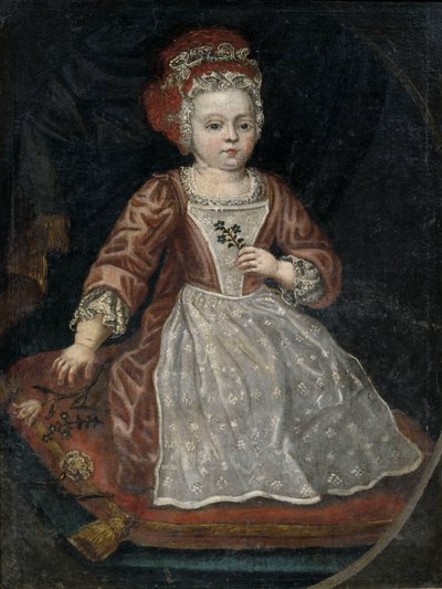 Retrato de una niña pequeña con vestido rojo y delantal blanco de Anonymous